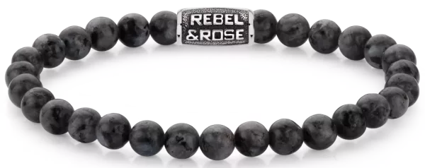 Bracelet made of 6mm black Larvikite gemstones with black stainless steel clasp - Rebel&Rose Model: RR-60117-V-L
