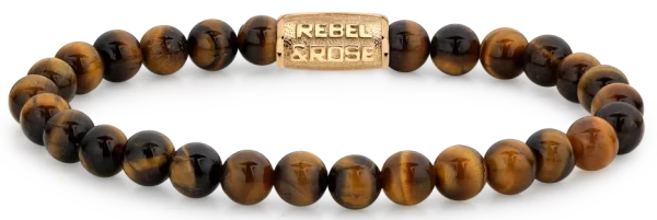 Bracelet made of 6mm natural stone in tiger eye look with gold-plated stainless steel clasp - Rebel&Rose Model: RR-60120-G-M