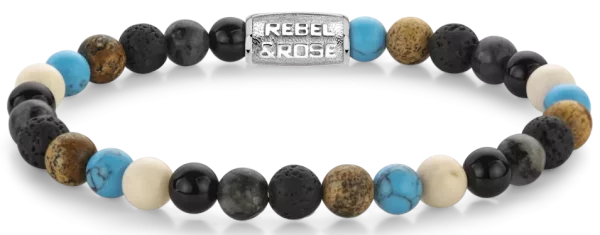 Bracelet made of 6mm gemstones (Agate, Larvikite, Lava Stone, Picture Jasper, Turquoise) with gray stainless steel clasp - Rebel&Rose Model: RR-60131-S-M