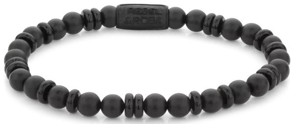 Bracelet made of 6mm black onyx natural stone (partly disc-shaped, partly bead-shaped) with black stainless steel clasp - Rebel&Rose Model: RR-60107-B-M