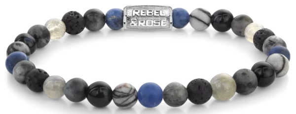 Bracelet made of 6mm Sodalite Blue, Agate, Blue Tigers Eye, Larvikite Grey, Labradorite, and Lava Stones with Stainless Steel Clasp - Rebel&Rose Model: RR-60142-S-L