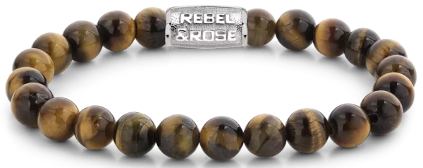 Bracelet made of 8mm Tigers Eye stones with stainless steel clasp - Rebel&Rose Model: RR-80042-S-M