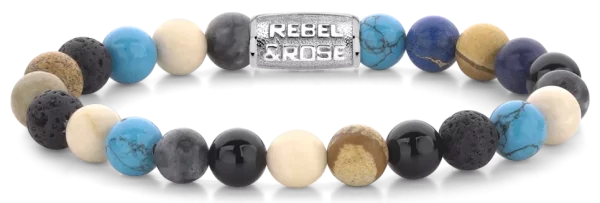 Bracelet made of 8mm gemstones of agate, larvikite, lava stone, picture jasper, turquoise and fossil with stainless steel clasp - Rebel&Rose Model: RR-80064-S-M