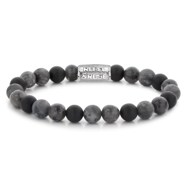 Bracelet made of 8mm grey gemstones with stainless steel clasp - Rebel&Rose Model: RR-80069-S-L