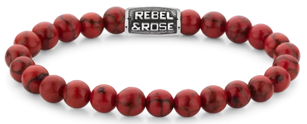 Bracelet made of 8mm red gemstones with grey stainless steel clasp - Rebel&Rose Model: RR-80099-V-M