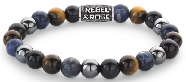 Bracelet made of 8mm Sodalite, Yellow Tiger Eye, Blue Tiger Eye, and Gray Hematite gemstones with gray stainless steel clasp - Rebel&Rose Model: RR-80100-V-L