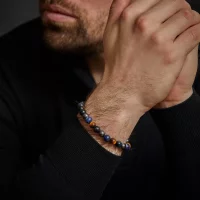 Bracelet made of 8mm Sodalite, Yellow Tigers Eye, Blue Tigers Eye, and Gray Hematite Gemstones with Gray Stainless Steel Clasp - Rebel&Rose Model: RR-80100-V-M