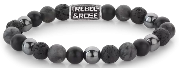 Bracelet made of 8mm black Onyx, Lava, Larvikite, and Hematite stones with gray stainless steel clasp - Rebel&Rose Model: RR-80105-V-L