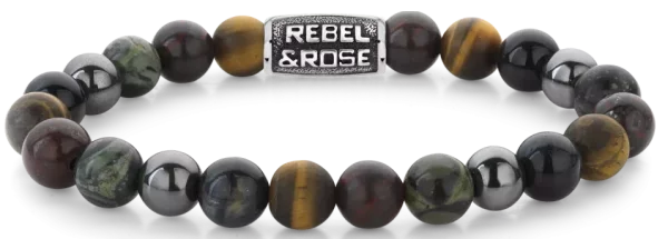Bracelet made of 8mm stones in Tiger Eye Blue, Tiger Eye Yellow, Brecciated Jasper, Rhyolite, and Hematite Gray with gray stainless steel clasp - Rebel&Rose Model: RR-80106-V-L