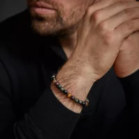 Bracelet made of 8mm stones in Tiger Eye Blue, Tiger Eye Yellow, Brecciated Jasper, Rhyolite, and Hematite Gray with gray stainless steel clasp - Rebel&Rose Model: RR-80106-V-L