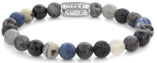 Bracelet made of 8mm Sodalite Blue, Agate, Blue Tigers Eye, Larvikite Grey, Labradorite, and Lava Stones with Metal Clasp - Rebel&Rose Model: RR-80114-S-L