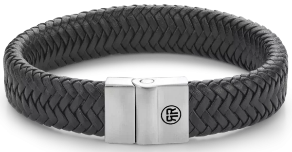 Armband aus 15mm dickem, schwarzem Leder mit Edelstahlverschluss - Rebel&Rose Modell: RR-M0032-S-L