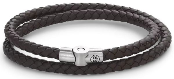 Armband aus zwei 5mm dicken, dunkelbraunen Lederschnüren mit Edelstahlverschluss - Rebel&Rose Modell: RR-M0039-S-M