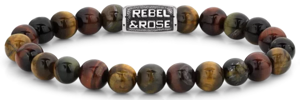 Armband aus 8mm großen Edelsteinen Tigerauge mit Metallverschluss - Rebel&Rose Modell: RR-80095-V-M