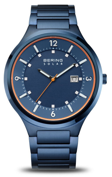 Mens stainless steel watch with solar function and dark blue dial, Bering model: 14442-979