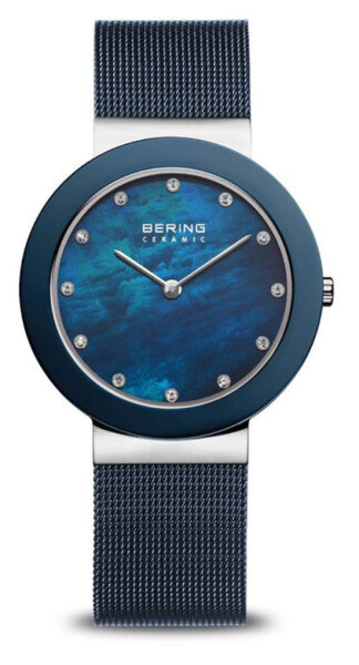 Womens watch made of ceramic and stainless steel with blue mother-of-pearl dial and Swarovski elements, Bering Ceramic: 11435-387
