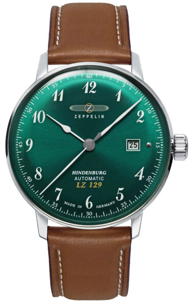 Mens Automatic Stainless Steel Watch with Green Sunburst Dial, Zeppelin LZ129 Hindenburg: 8056-4