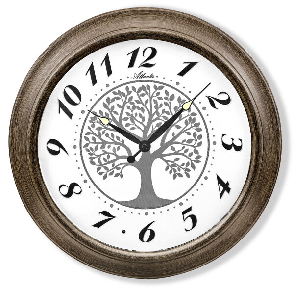 Weatherproof Metal Wall Clock with Tree of Life and Light Sensor, Atlanta Model: 4527