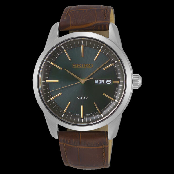 Herrenuhr, Klassisch, Solar, Edelstahl Lederband, Dunkelgrünes Zifferblatt - Seiko Klassik: SNE529P1