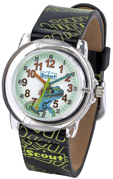 Scout Kinderuhr analog aus der Serie "Crystal" mit schwarz/grünem Kunstlederband, Echsen-Motiv und Quarzwerk