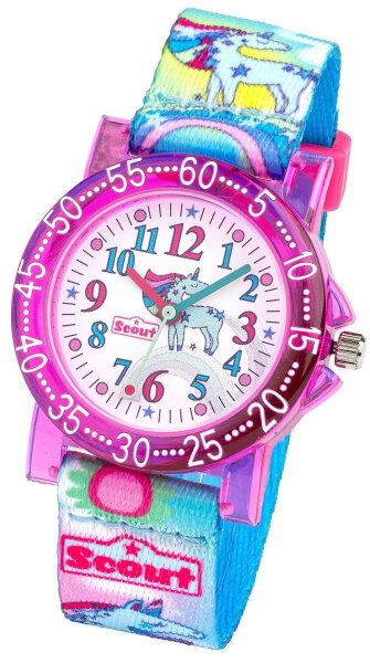Scout Kinderuhr analog aus der Serie "The IT Collection" mit buntem Textilband, Einhorn-Motiv und Quarzwerk